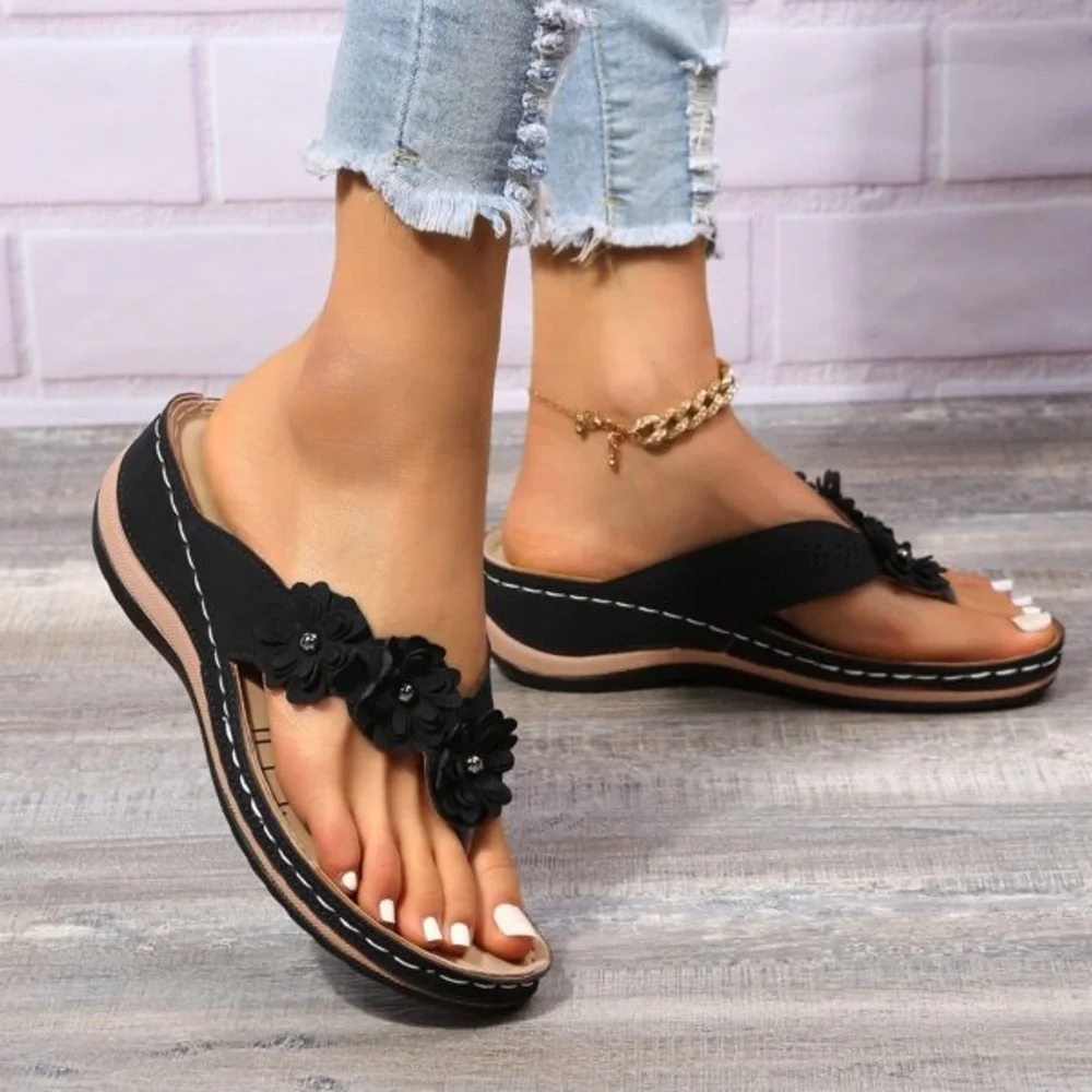 Fashion Black Flower Toe Post Thong Wedge Slide Sandals SH.5 - Picture 4 of 7